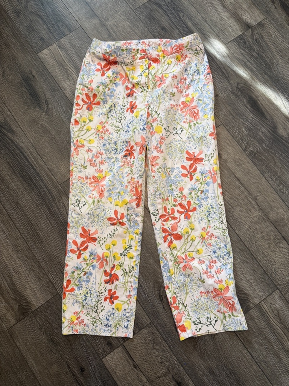 Brooks Brothers White Floral Wide-Leg Pants with Red, Yellow & Blue Flowers